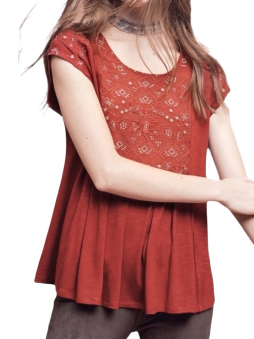 Akemi + Kin Anthropologie Embroidered Rust Orange Arcana Top Size L